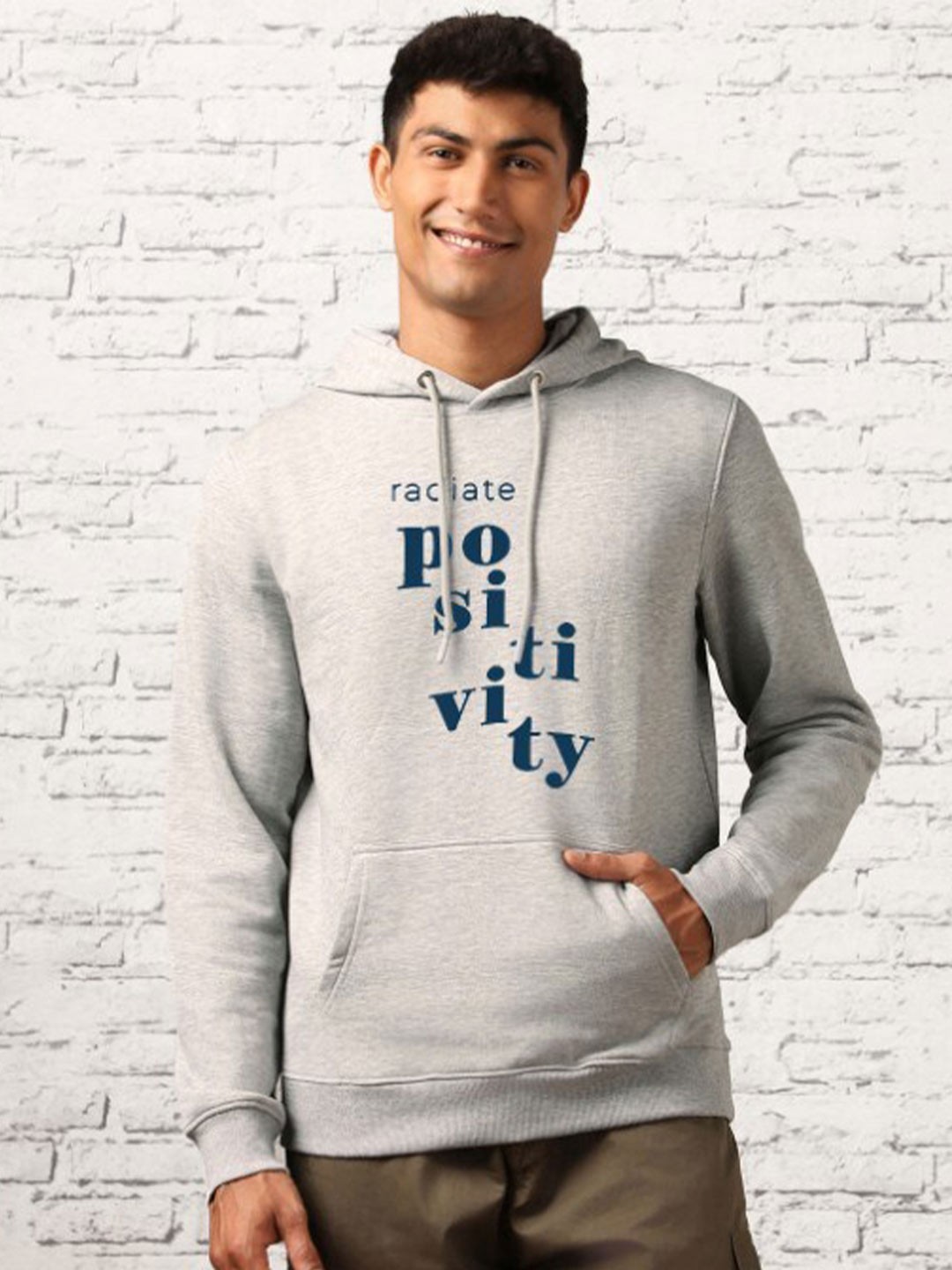 

NOBERO Typography Printed Hooded Fleece Pullover, Grey melange
