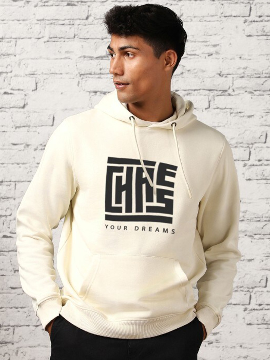 

NOBERO Typography Printed Hooded Fleece Pullover, Off white