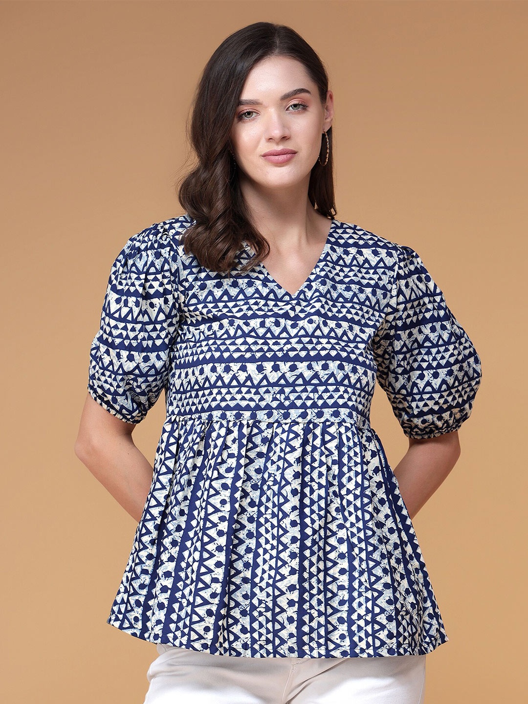 

Fbella Geometric Printed V-Neck Empire Top, Blue