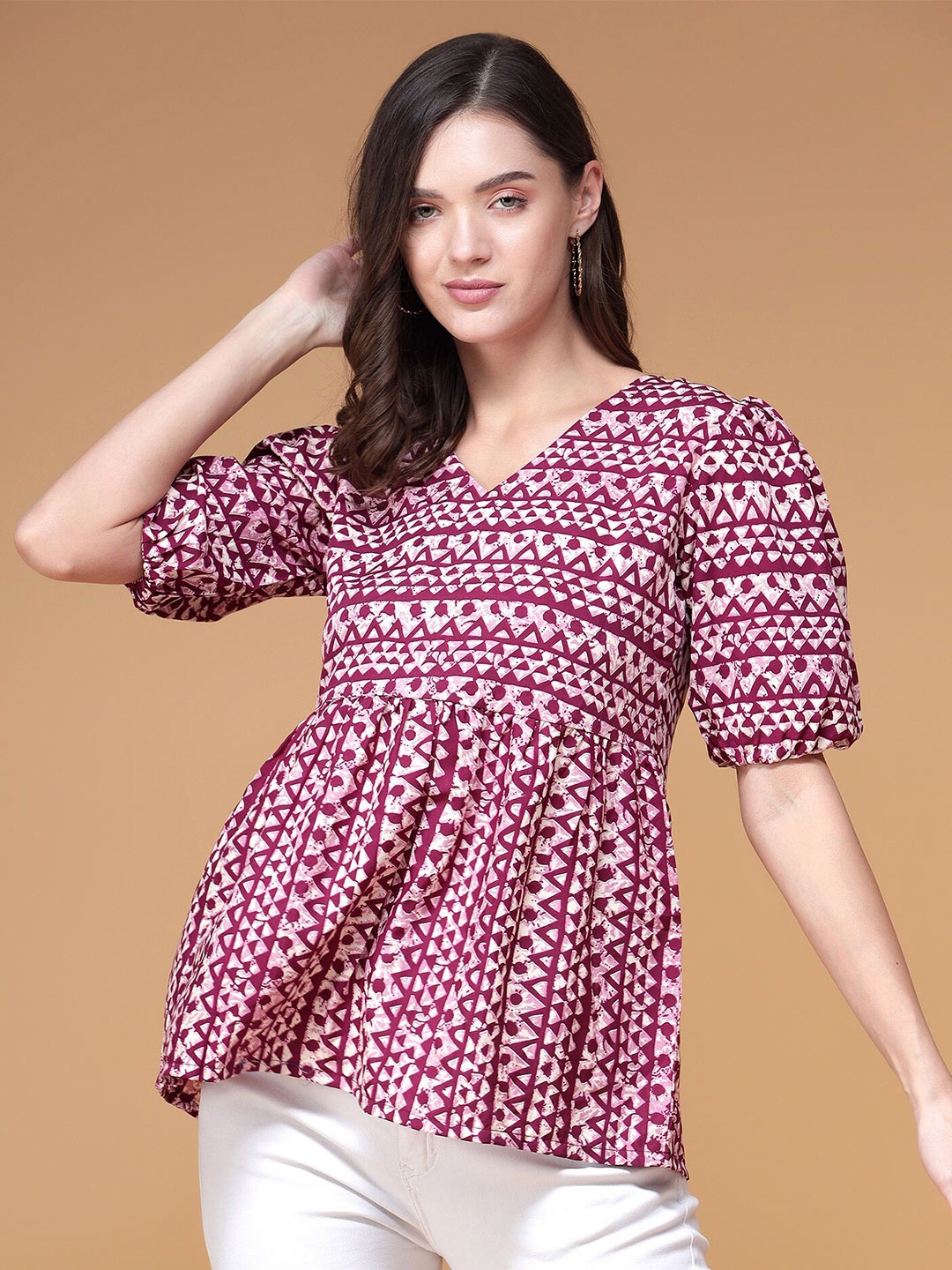 

Fbella Geometric Printed V-Neck Empire Top, Red