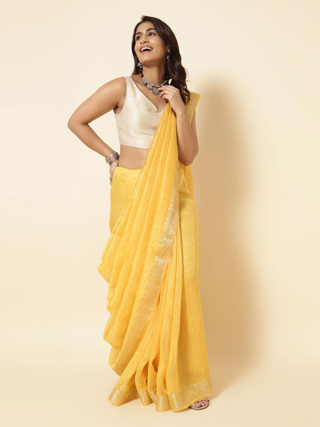 

Fabindia Yellow & Gold-Toned Ethnic Motifs Zari Linen Blend Saree