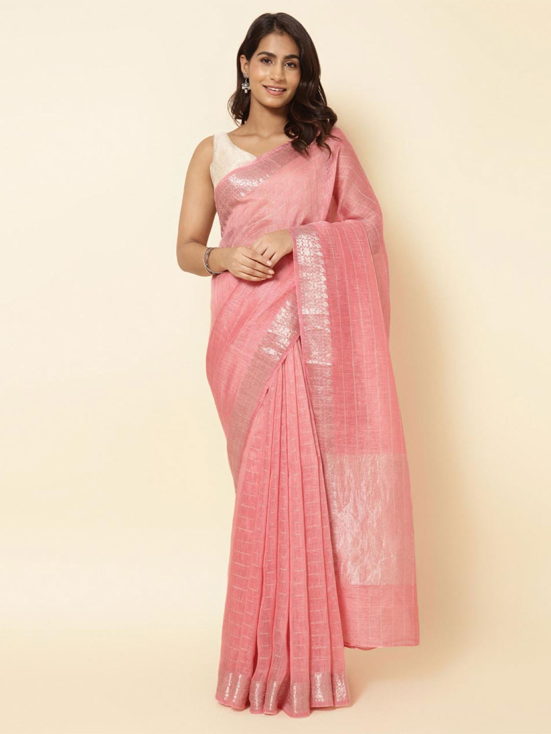 

Fabindia Pink & Silver-Toned Striped Zari Linen Blend Saree