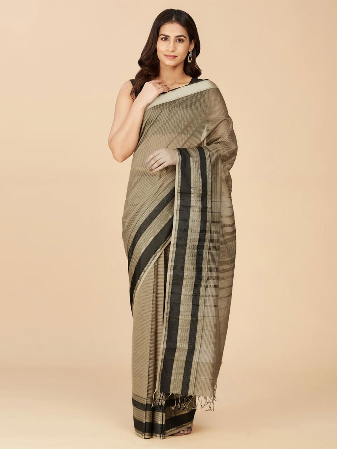 

Fabindia Striped Zari Silk Cotton Saree, Bronze