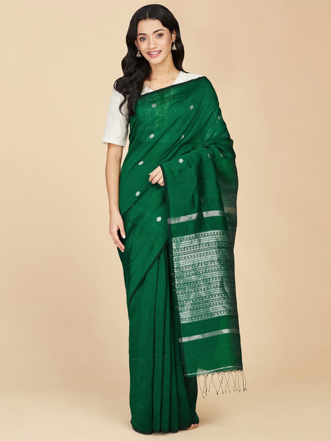 

Fabindia Ethnic Motifs Woven Design Saree, Green