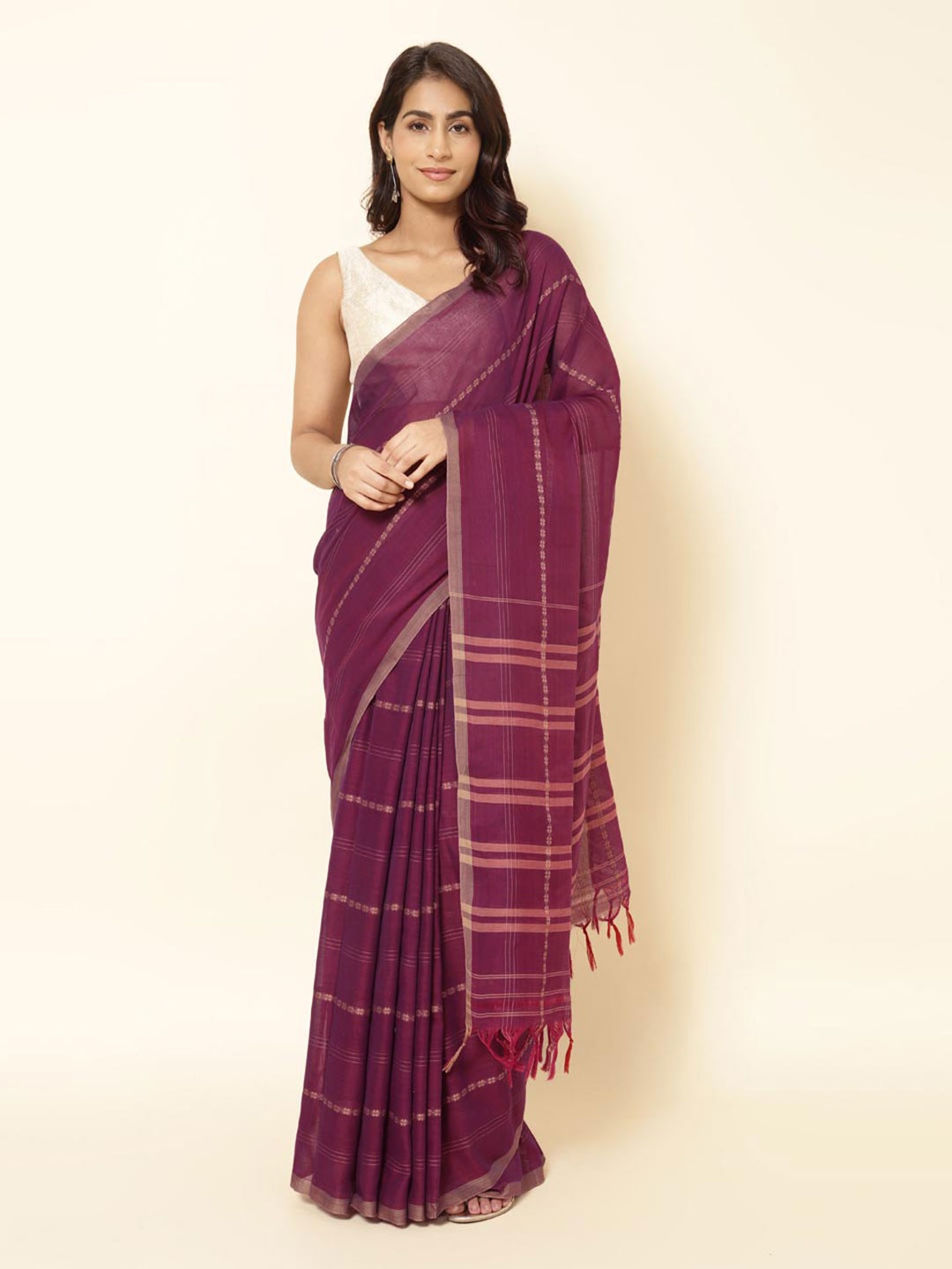 

Fabindia Striped Zari Pure Cotton Saree, Purple