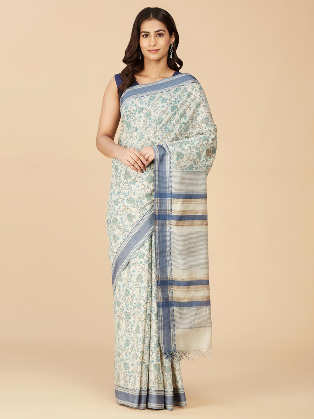 

Fabindia Blue & Green Floral Zari Silk Blend Saree