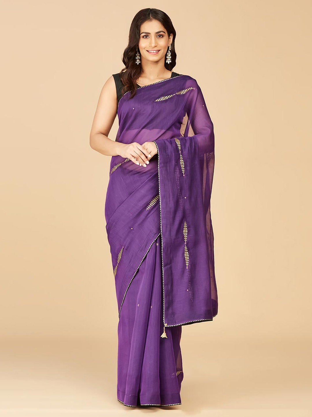 

Fabindia Ethnic Motifs Embroidered Silk Cotton Saree, Purple