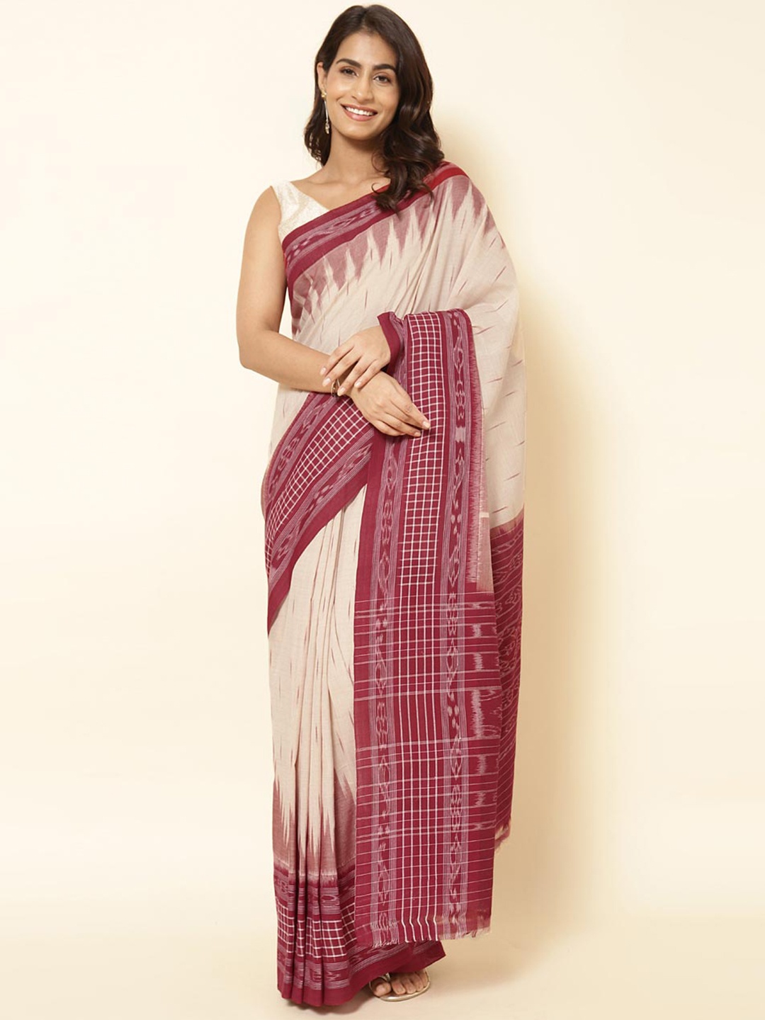 

Fabindia Nude-Coloured & Burgundy Pure Cotton Ikat Saree