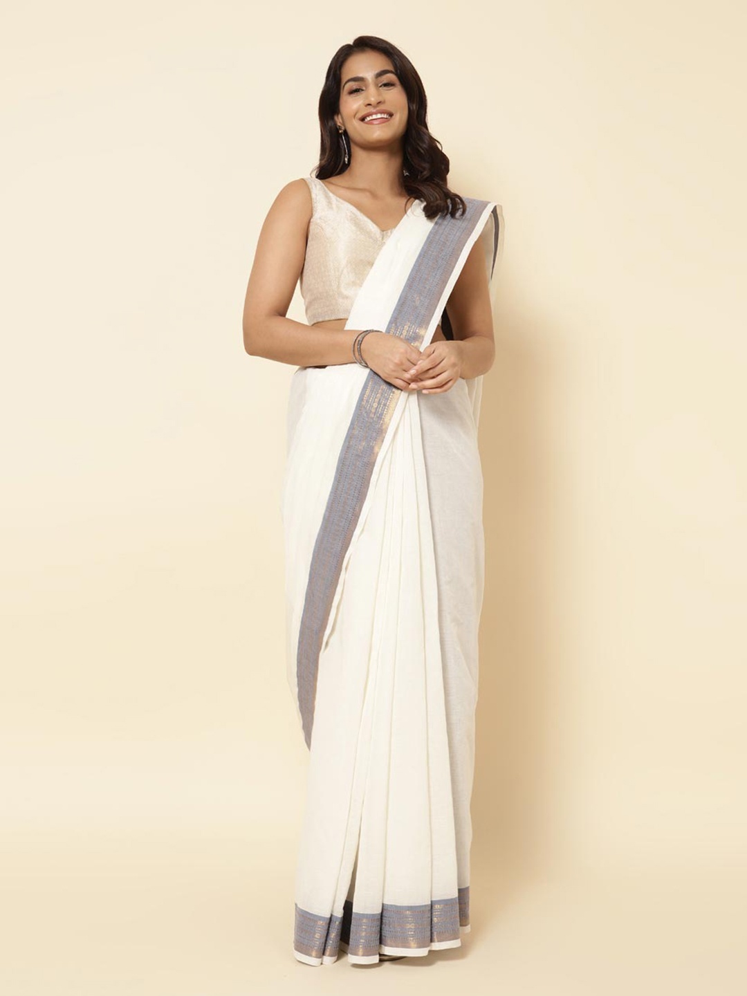 

Fabindia White & Blue Zari Pure Cotton Saree