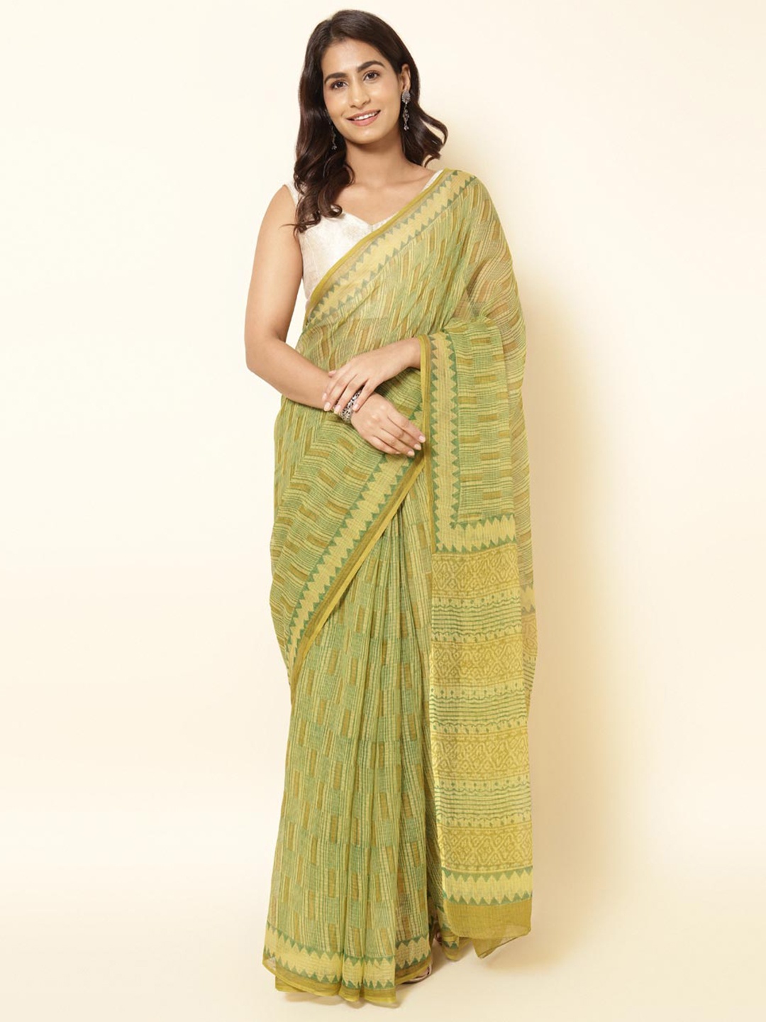 

Fabindia Ethnic Motif Printed Silk Cotton Saree, Green