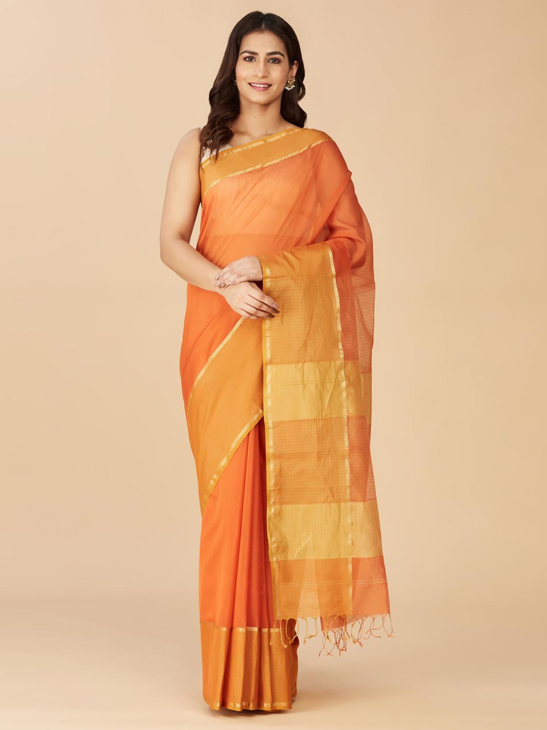 

Fabindia Zari Silk Cotton Saree, Orange