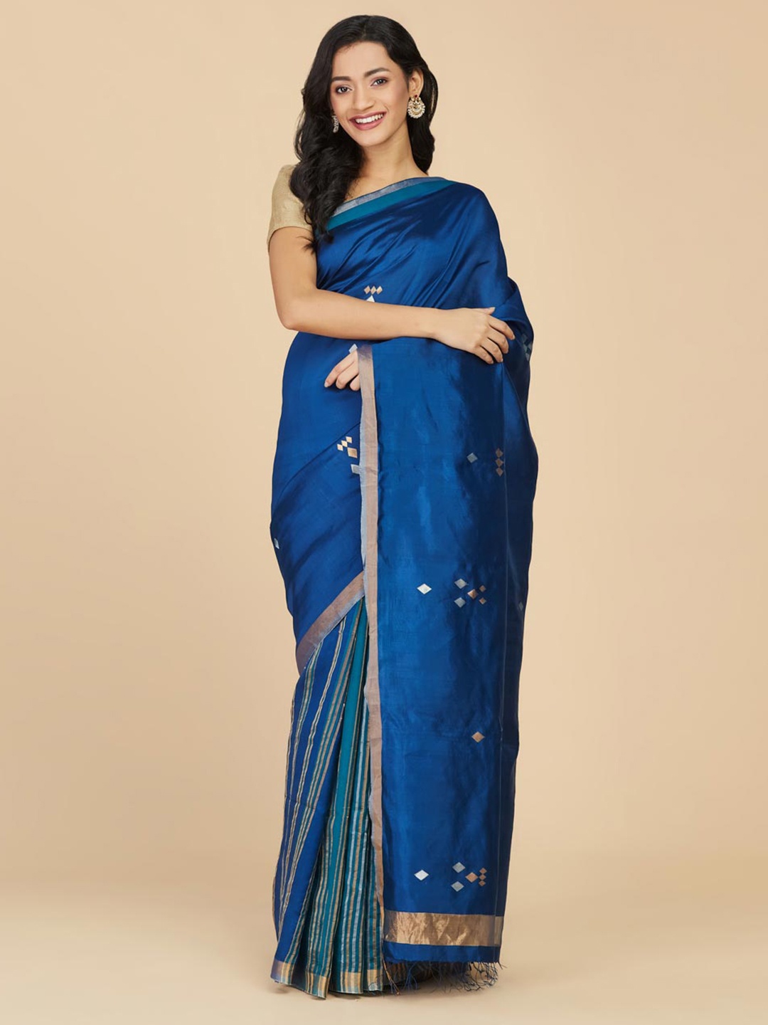 

Fabindia Blue & Gold-Toned Striped Zari Pure Silk Saree