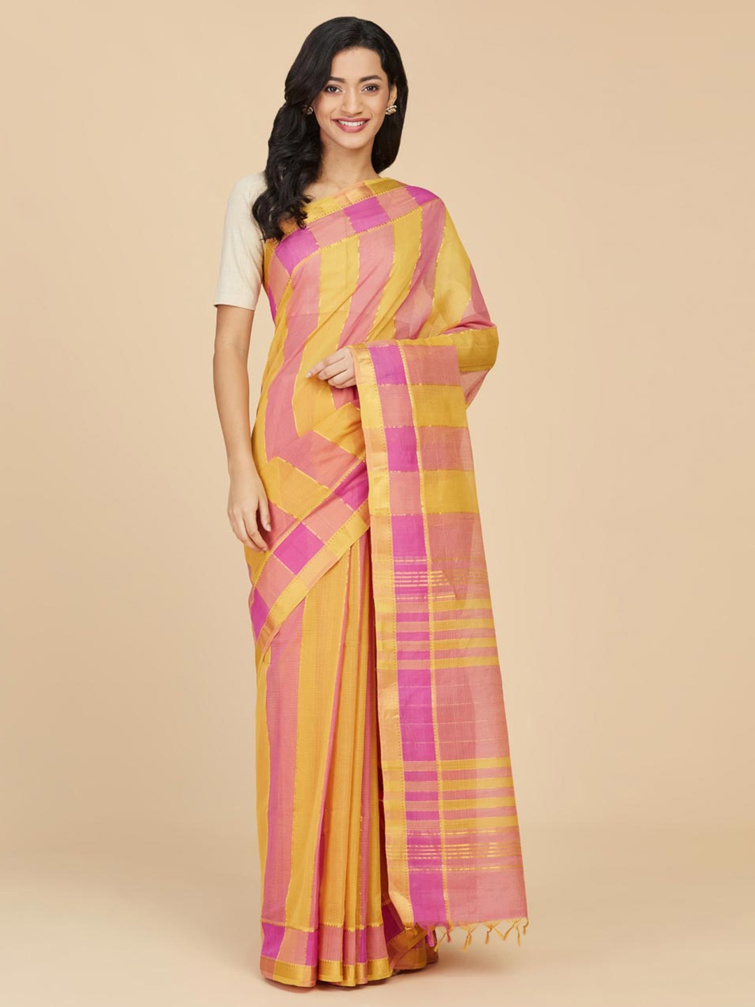 

Fabindia Striped Pure Cotton Saree, Yellow