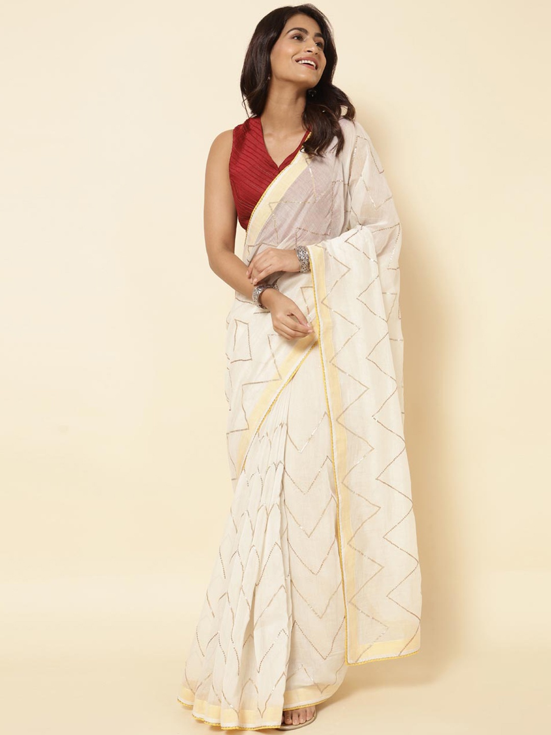 

Fabindia Geometric Embroidered Silk Cotton Saree, Nude