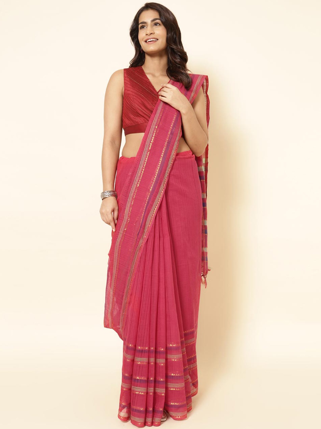 

Fabindia Striped Woven Design Zari Pure Cotton Saree, Pink