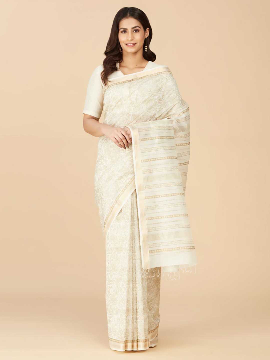 

Fabindia Ethnic Motifs Printed Zari Silk Cotton Saree, Nude