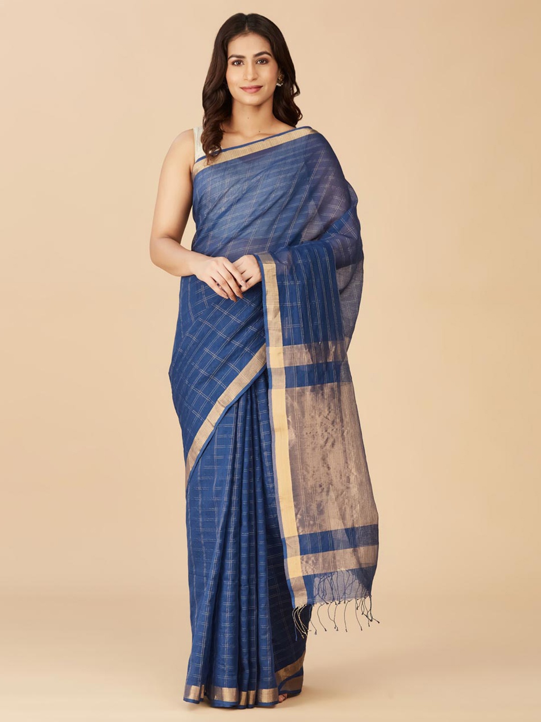 

Fabindia Checked Zari Silk Cotton Saree, Blue