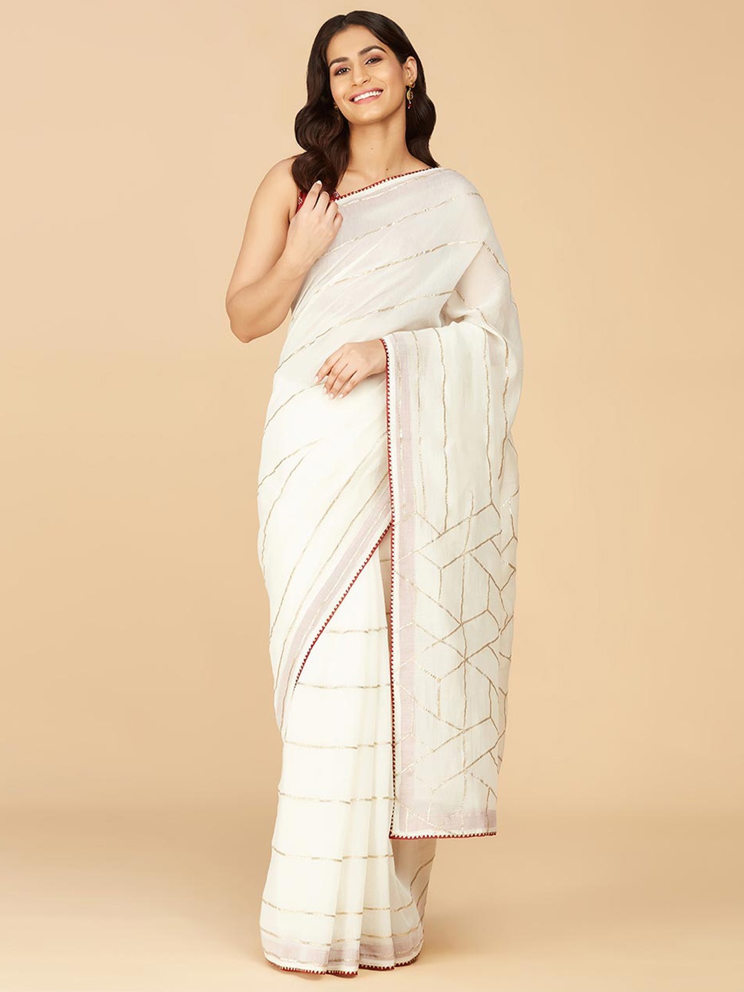 

Fabindia Striped Zari Silk Cotton Saree, Off white