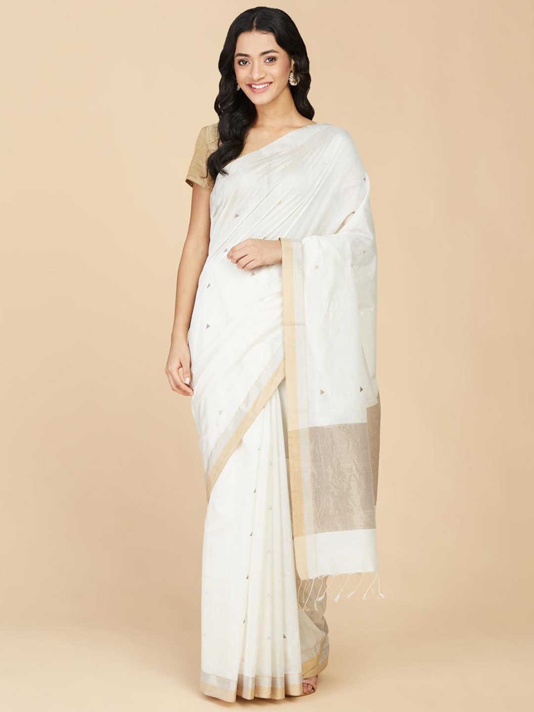 

Fabindia White & Gold-Toned Woven Design Zari Silk Cotton Saree