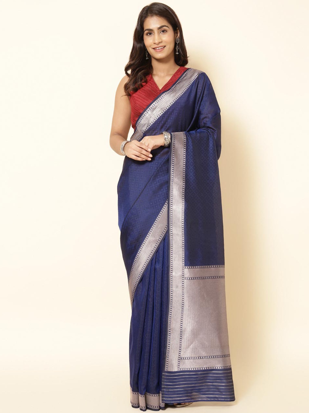 

Fabindia Blue & Silver-Toned Ethnic Motifs Zari Saree