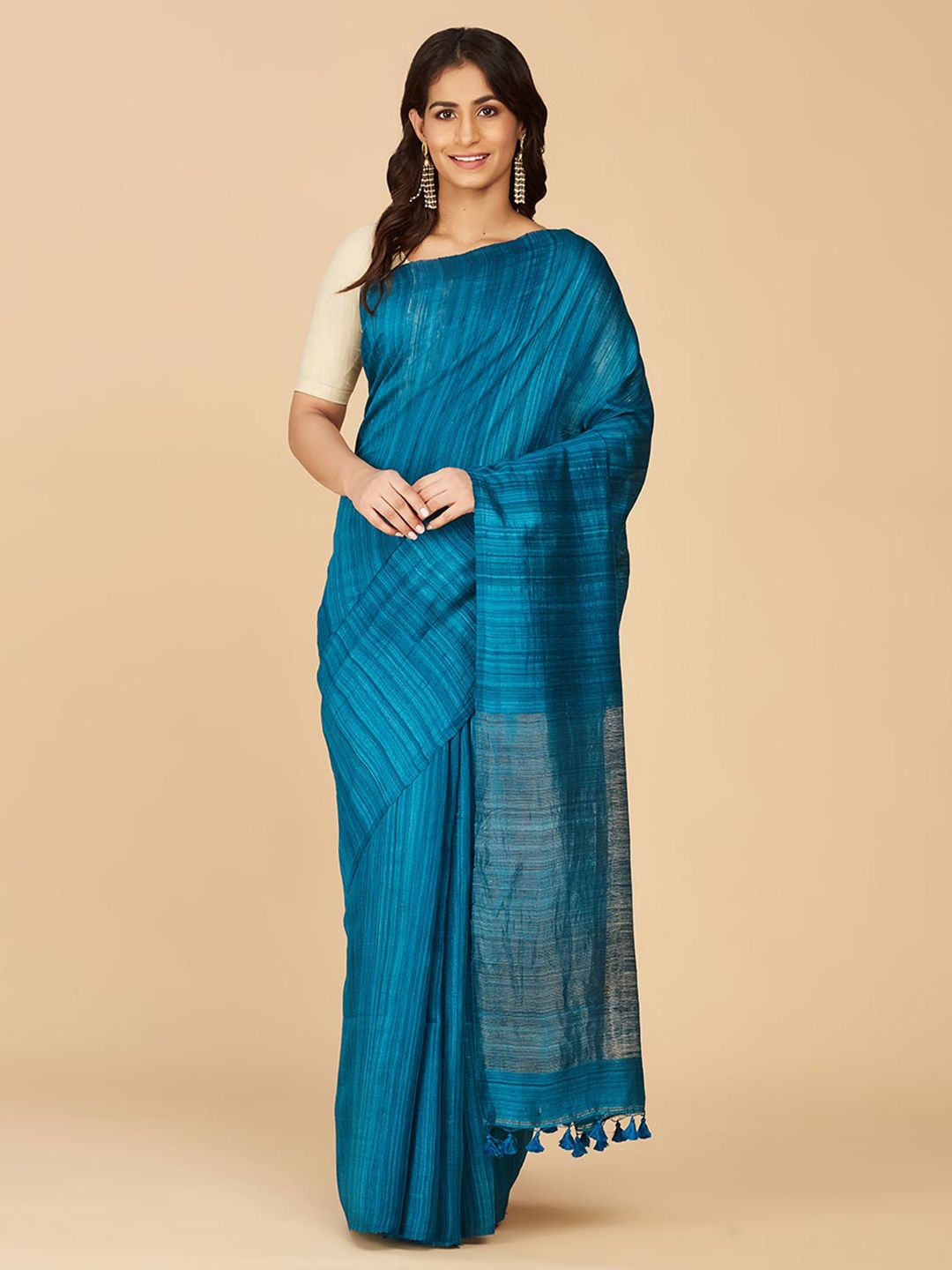 

Fabindia Turquoise Blue Striped Pure Silk Saree