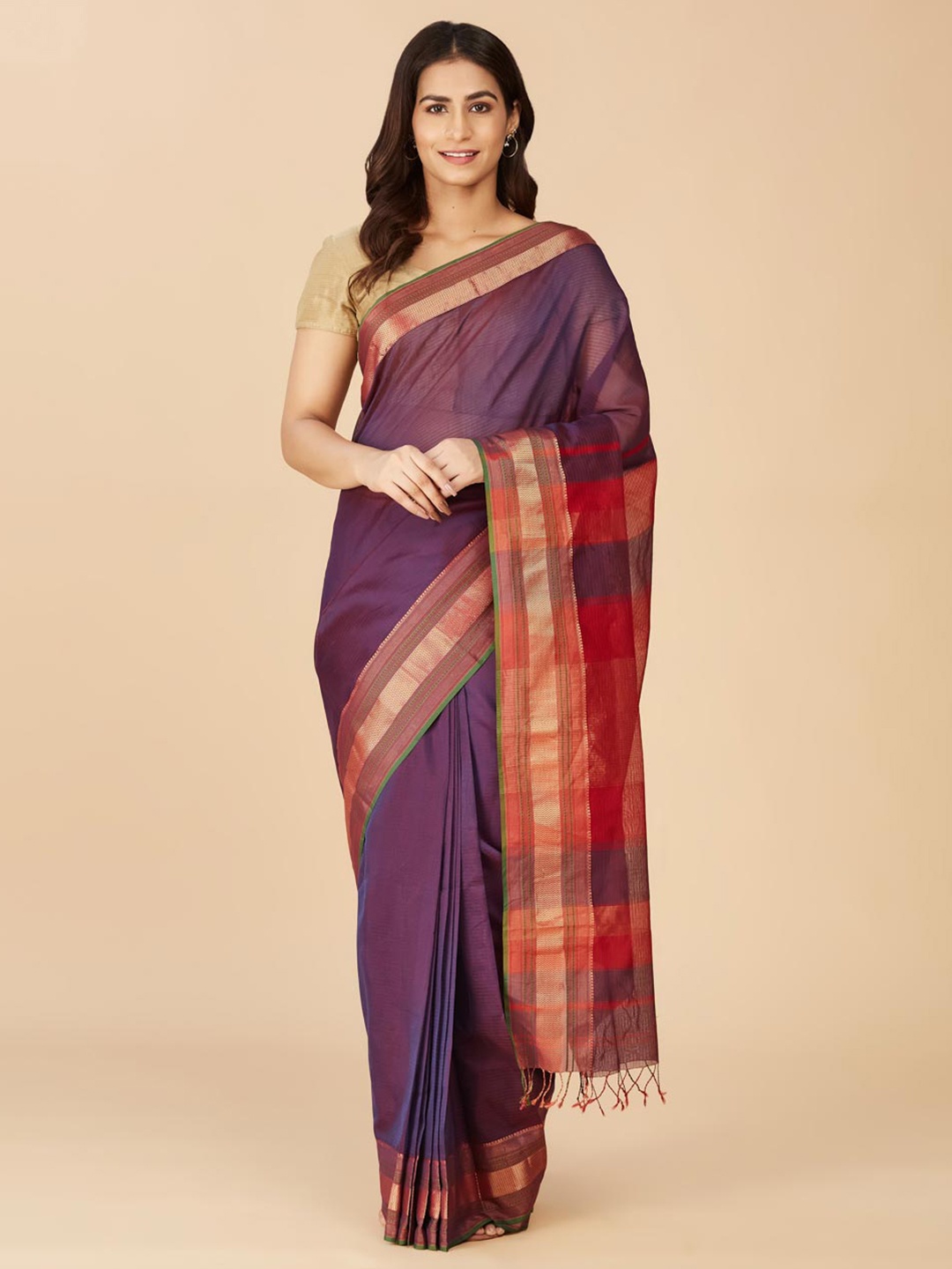 

Fabindia Striped Zari Silk Cotton Maheshwari Saree, Purple