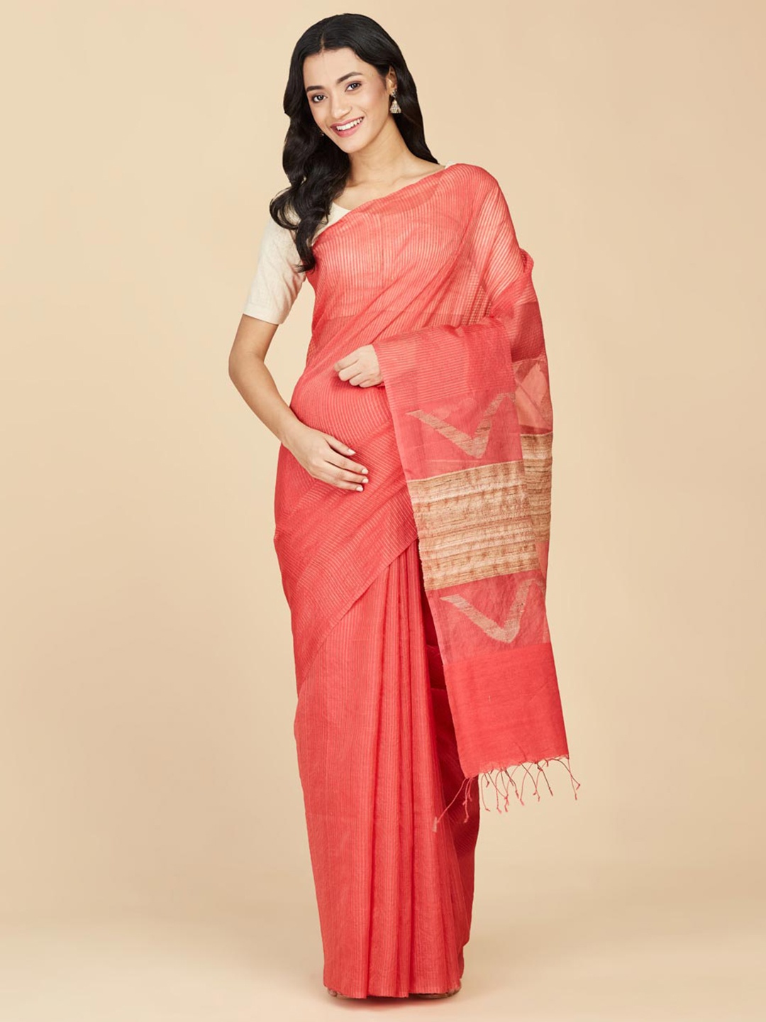 

Fabindia Striped Pure Silk Saree, Red