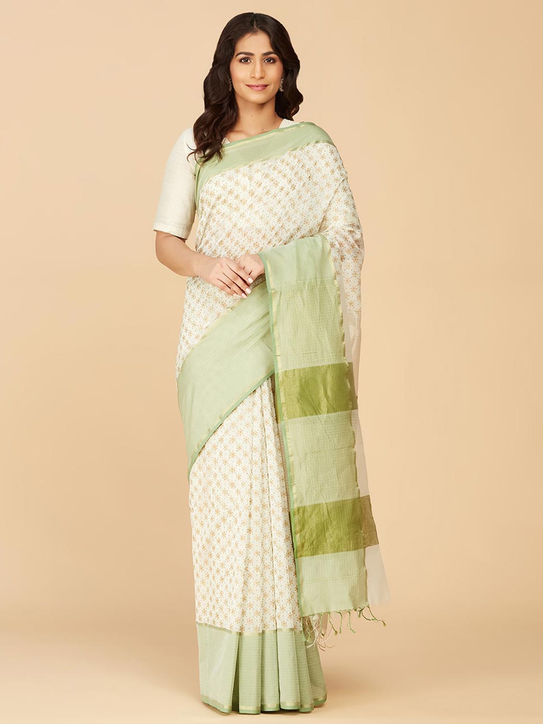 

Fabindia Ethnic Motifs Printed Zari Silk Cotton Saree, Off white