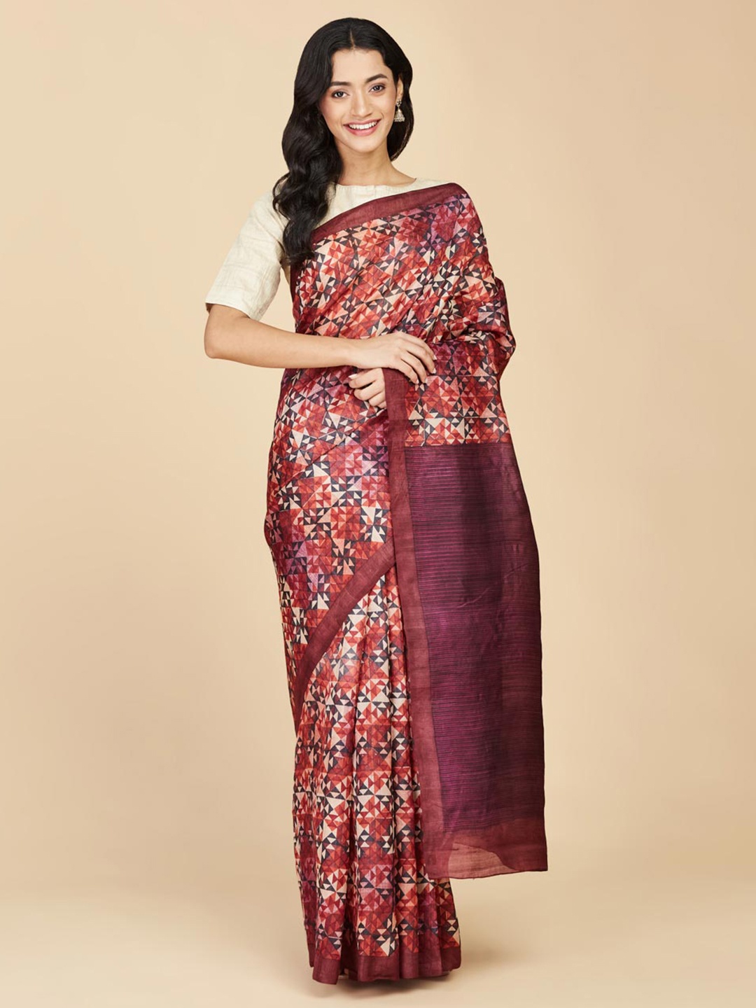 

Fabindia Geometric Printed Pure Silk Saree, Burgundy