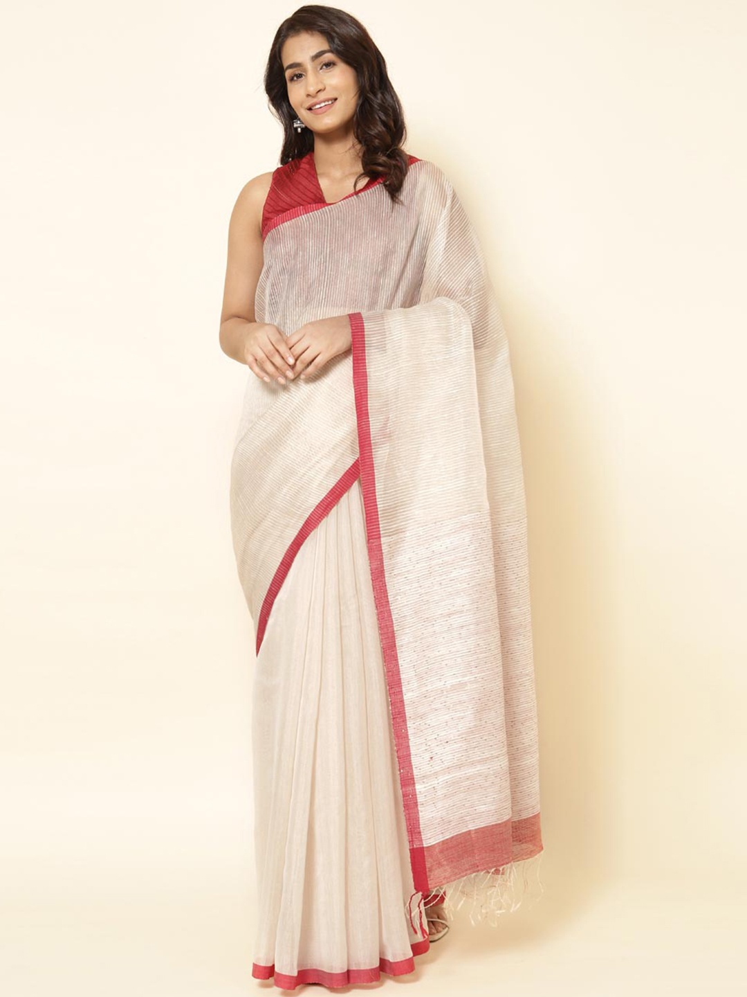 

Fabindia Vertical Striped Saree, Nude