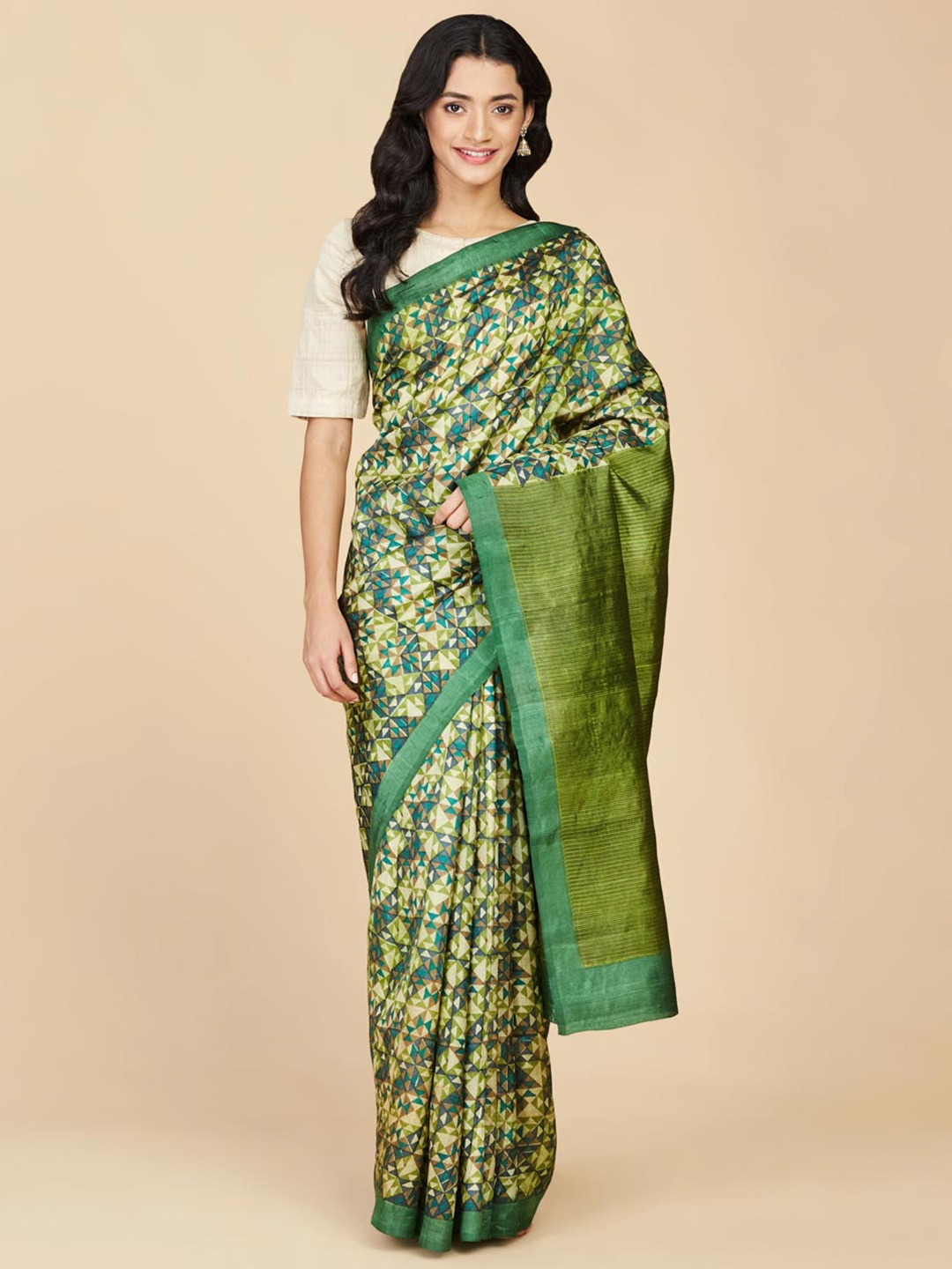 

Fabindia Geometric Printed Zari Pure Silk Saree, Olive