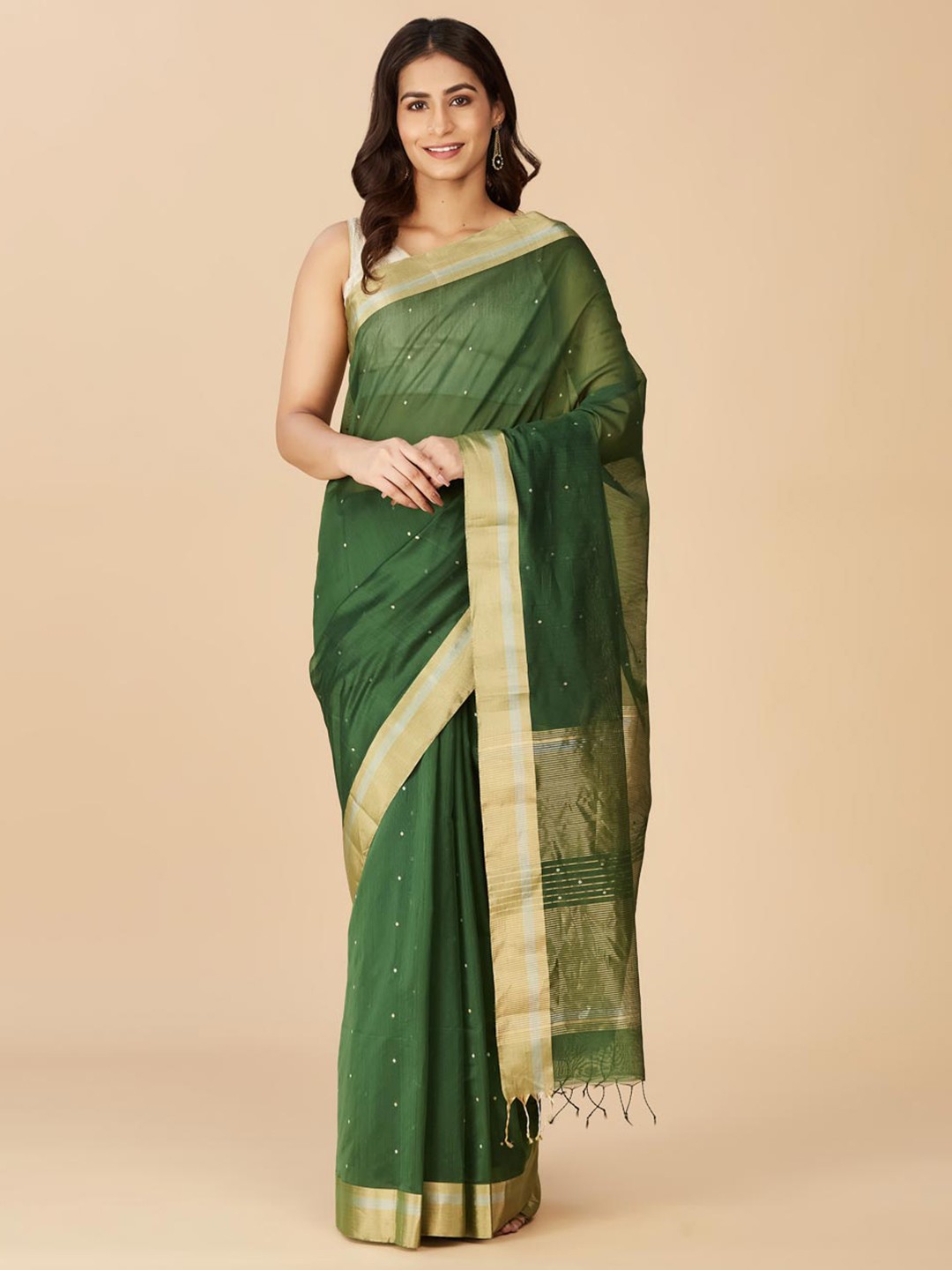 

Fabindia Ethnic Motifs Woven Design Zari Silk Cotton Saree, Green
