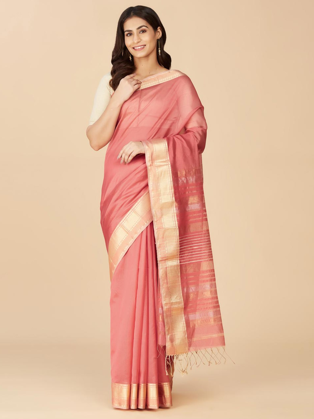 

Fabindia Orange & Gold-Toned Zari Silk Cotton Saree