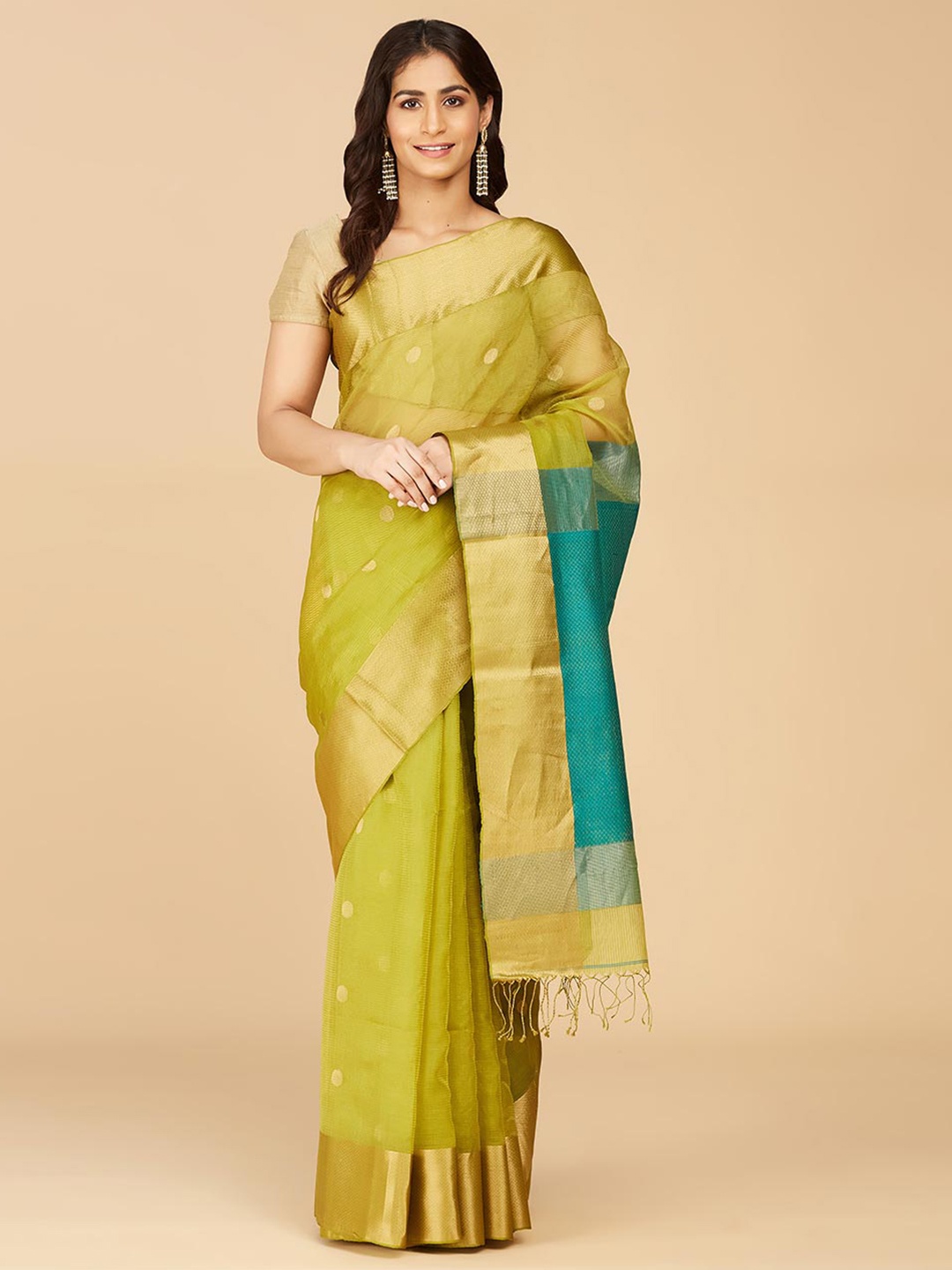 

Fabindia Green & Gold-Toned Woven Design Zari Pure Silk Saree