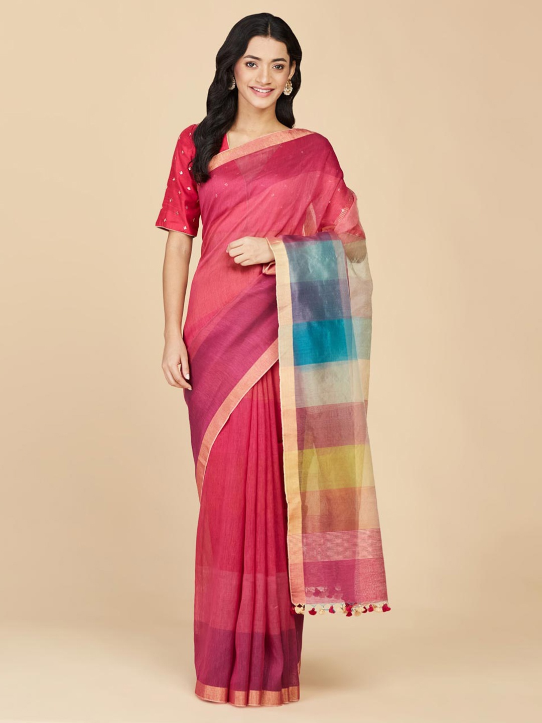 

Fabindia Colourblocked Zari Saree With Blouse Piece, Pink