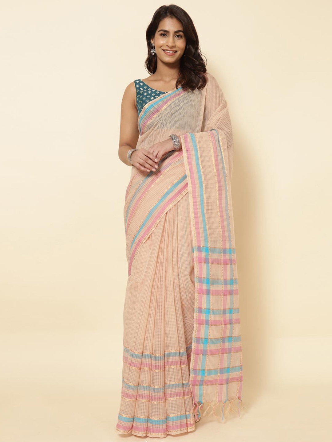 

Fabindia Beige & Turquoise Blue Woven Design Pure Cotton Saree