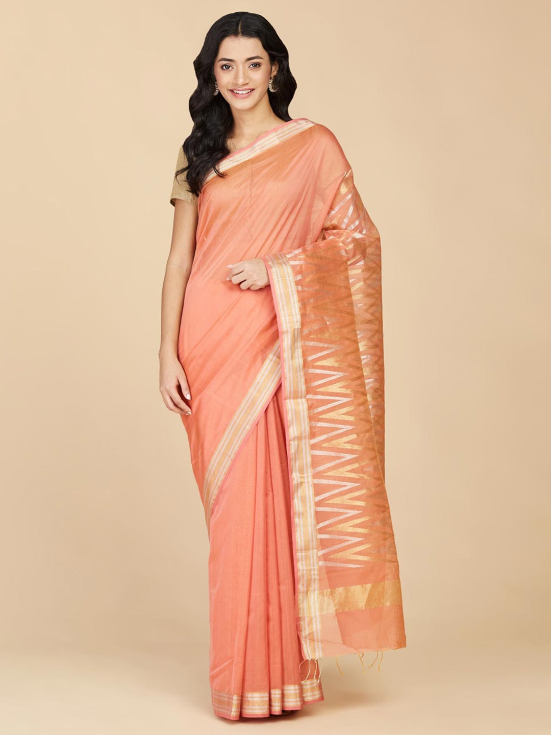 

Fabindia Zari Silk Cotton Saree, Coral