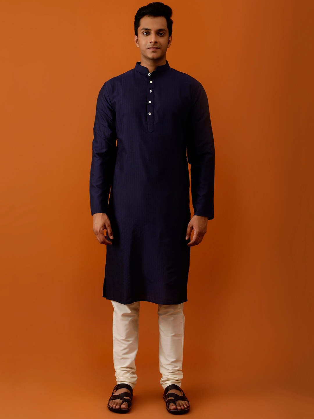 

Streaks & Crosses Striped Mandarin Collar Regular Kurta with Pyjamas, Navy blue