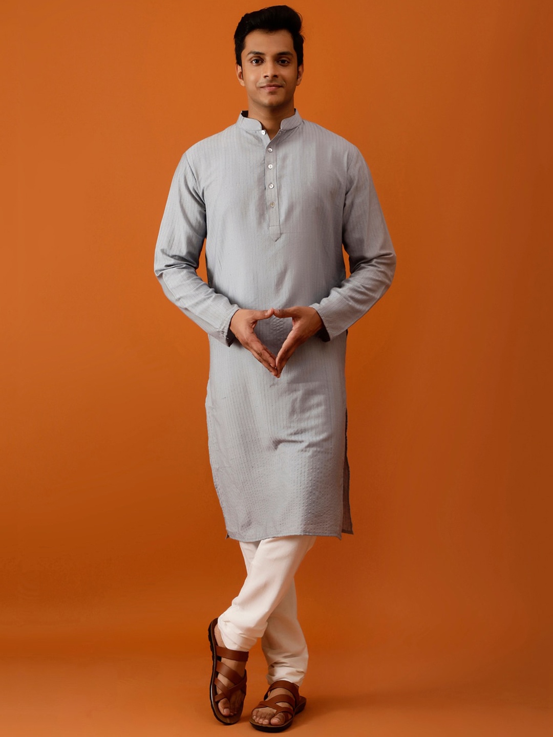 

Streaks & Crosses Striped Mandarin Collar Regular Kurta with Churidar, Grey