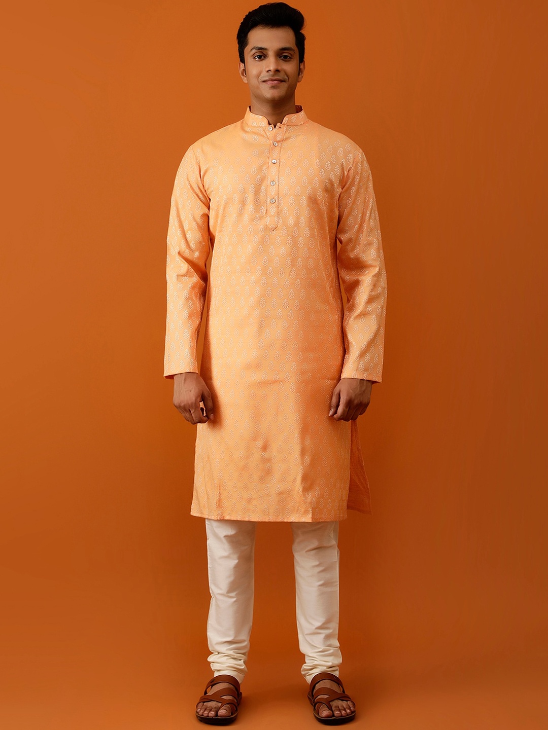 

Streaks & Crosses Ethnic Motifs Woven Design Mandarin Collar Straight Kurta with Churidar, Orange