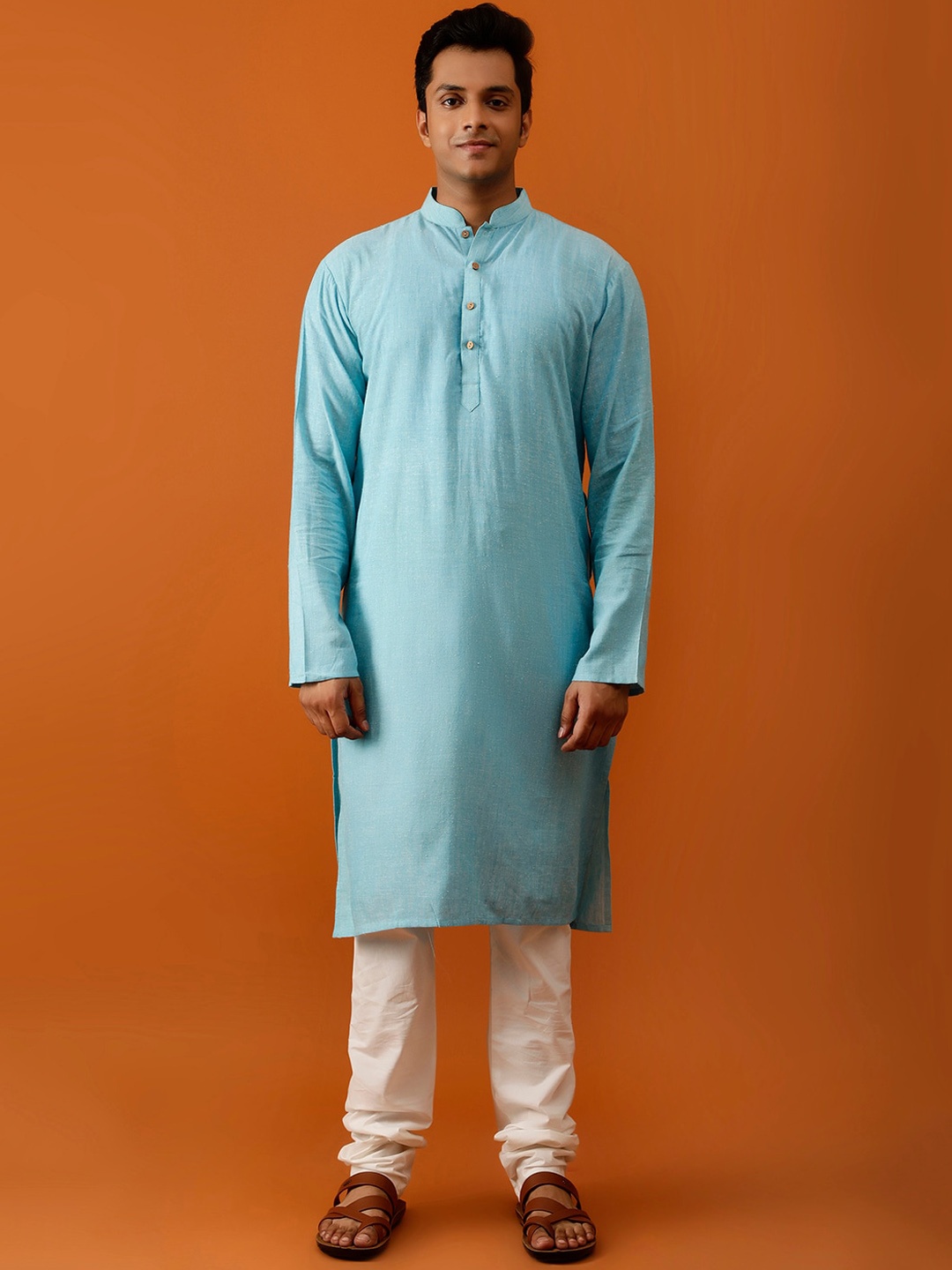 

Streaks & Crosses Mandarin Collar Pure Cotton Straight Kurta with Churidar, Turquoise blue