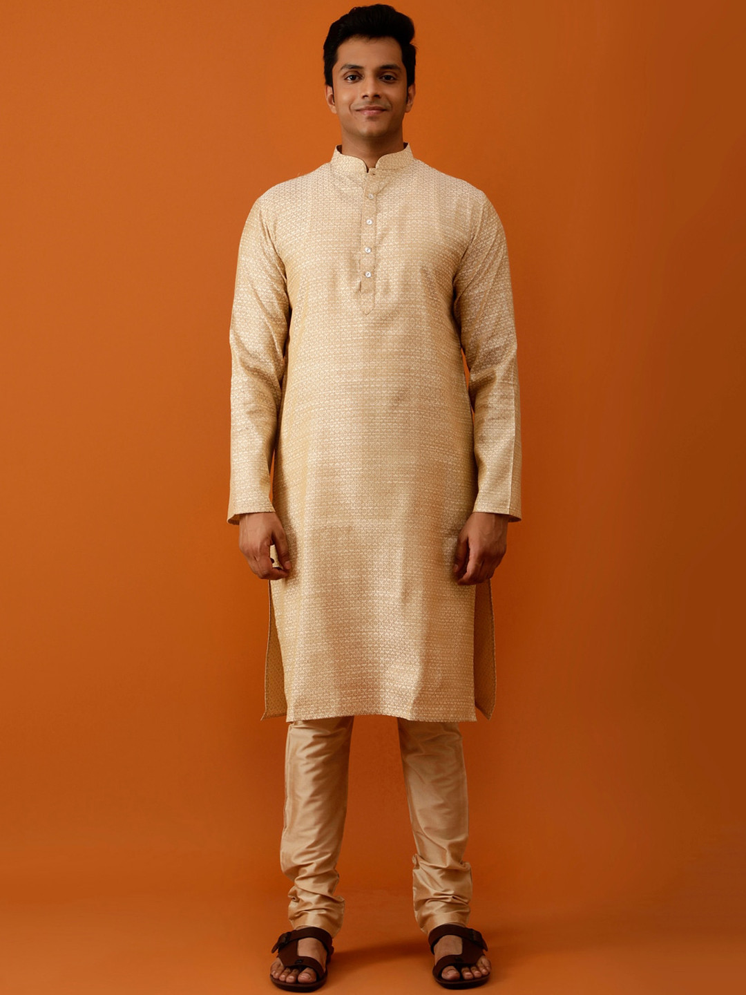 

Streaks & Crosses Ethnic Motifs Woven Design Mandarin Collar Straight Kurta with Churidar, Beige