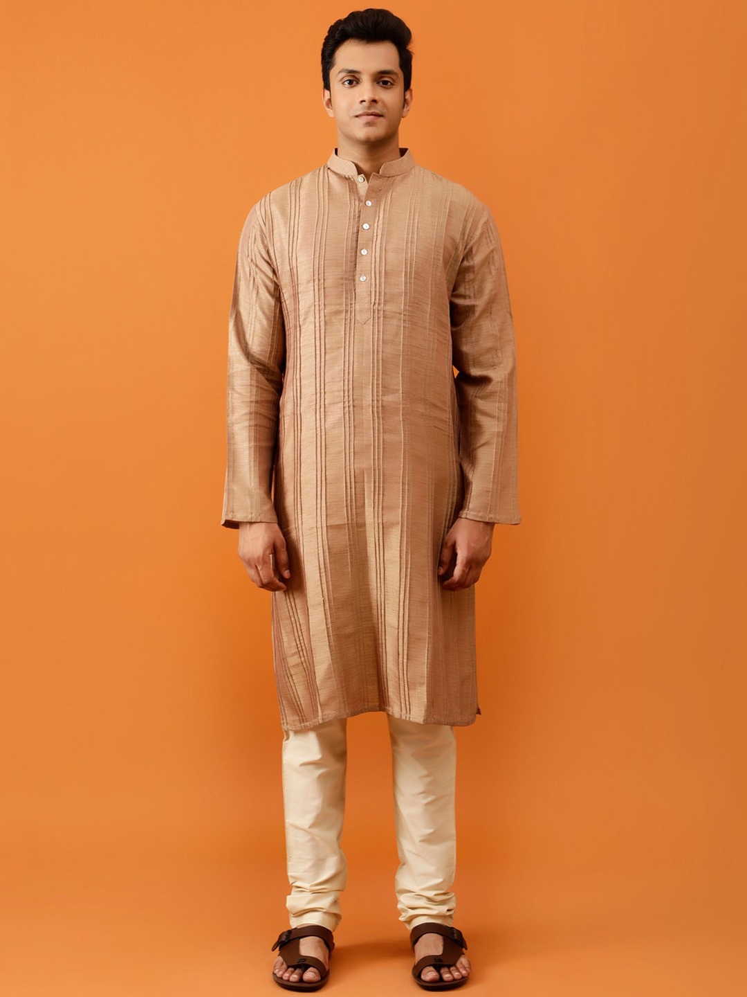 

Streaks & Crosses Striped Regular Straight Kurta with Churidar, Bronze