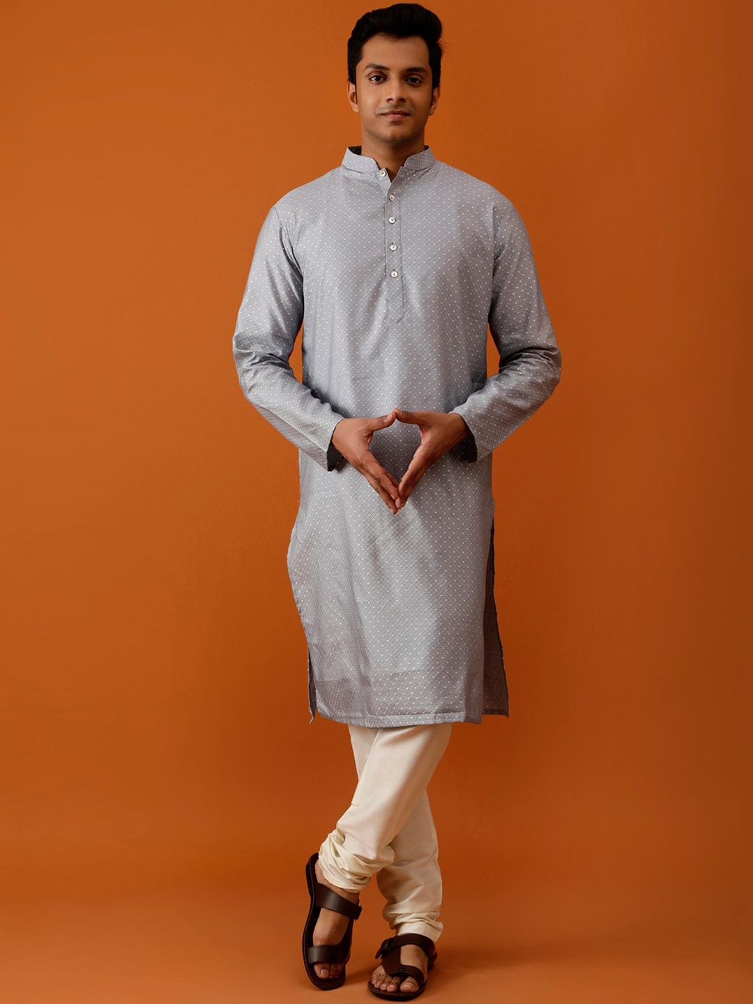 

Streaks & Crosses Ethnic Motifs Woven Design Regular Kurta with Churidar, Grey melange