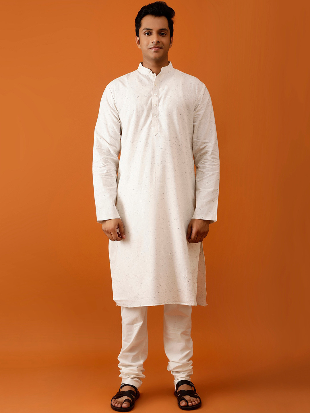 

Streaks & Crosses Woven Design Mandarin Collar Pure Cotton Straight Kurta With Churidar, White
