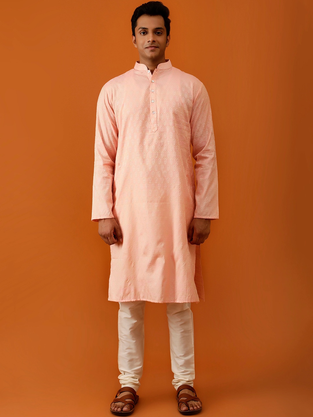 

Streaks & Crosses Ethnic Motifs Printed Mandarin Collar Straight Kurta With Churidar, Pink