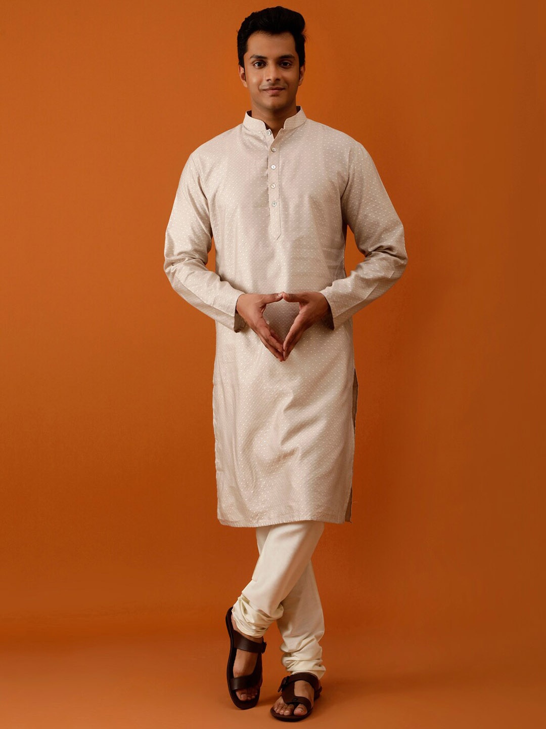 

Streaks & Crosses Woven Design Regular Kurta with Churidar, Beige