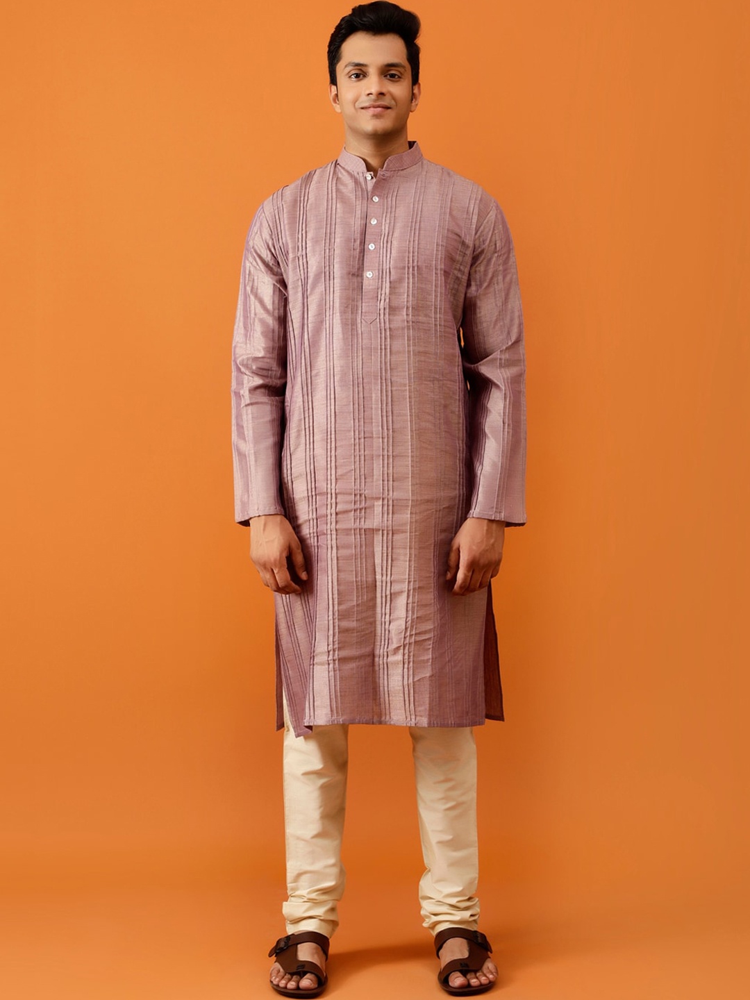 

Streaks & Crosses Striped Mandarin Collar Straight Kurta With Churidar, Purple