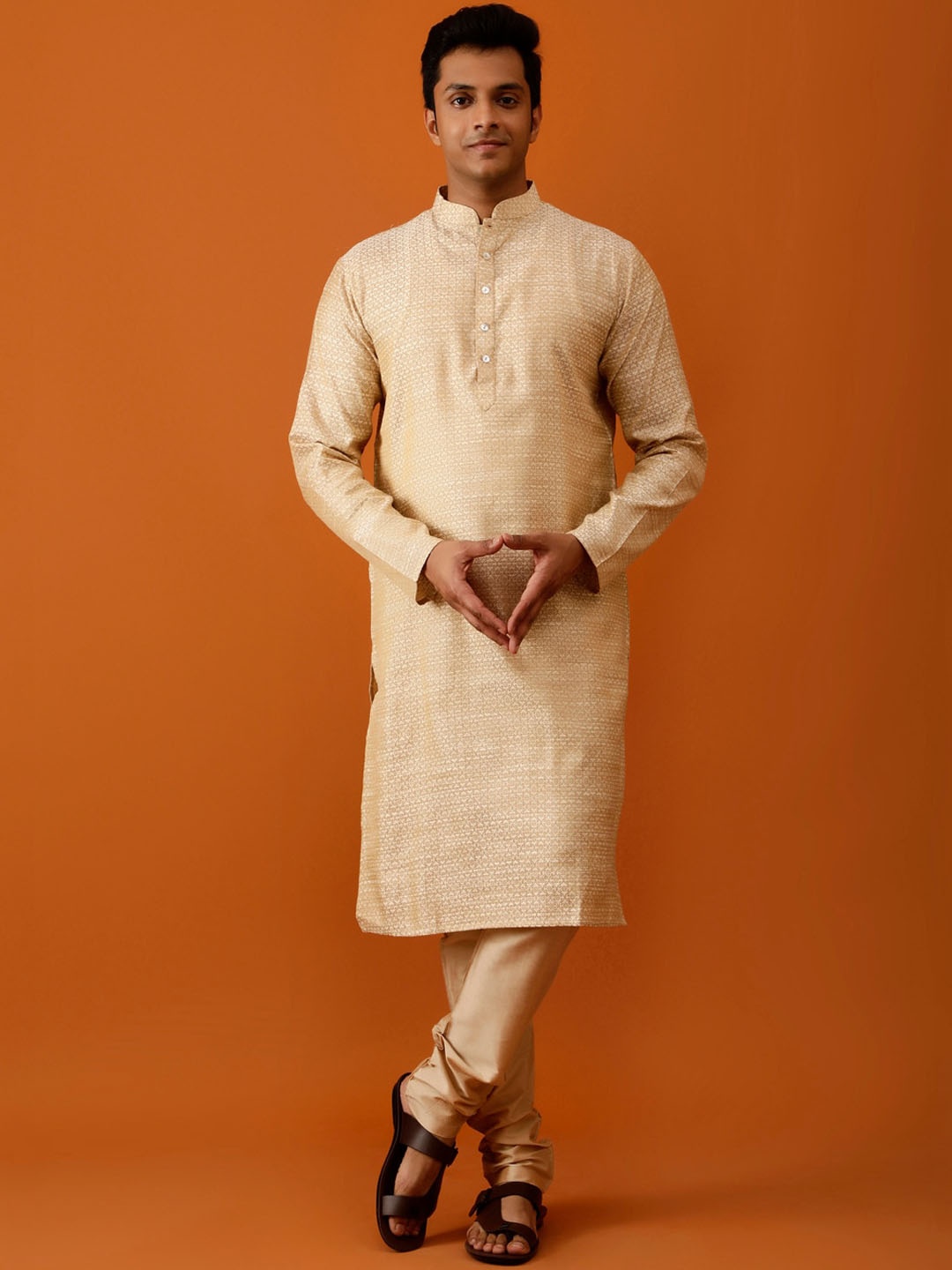 

Streaks & Crosses Woven Design Mandarin Collar Straight Kurta With Churidar, Beige