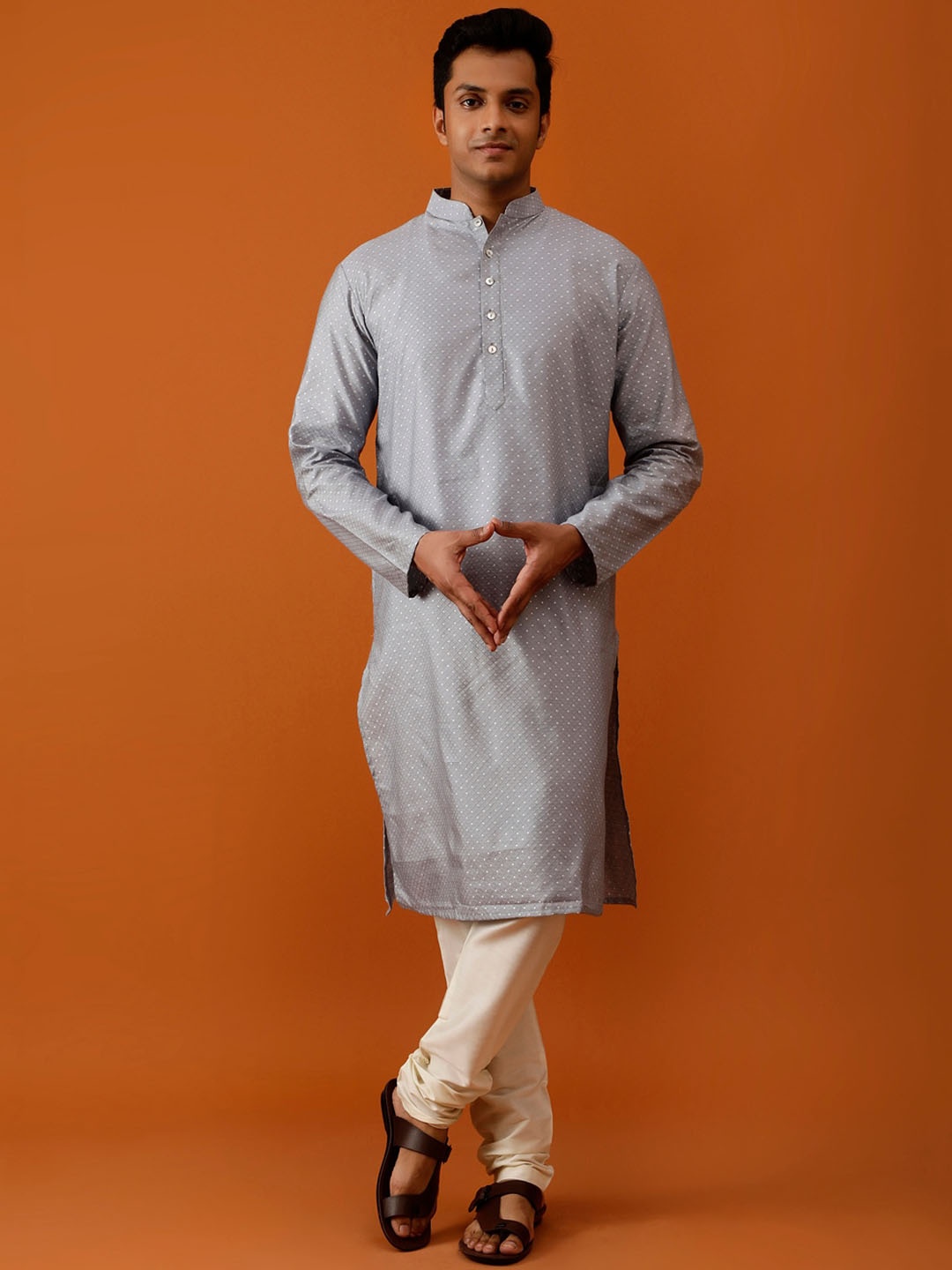 

Streaks & Crosses Ethnic Motifs Embroidered Straight Kurta With Churidar, Grey